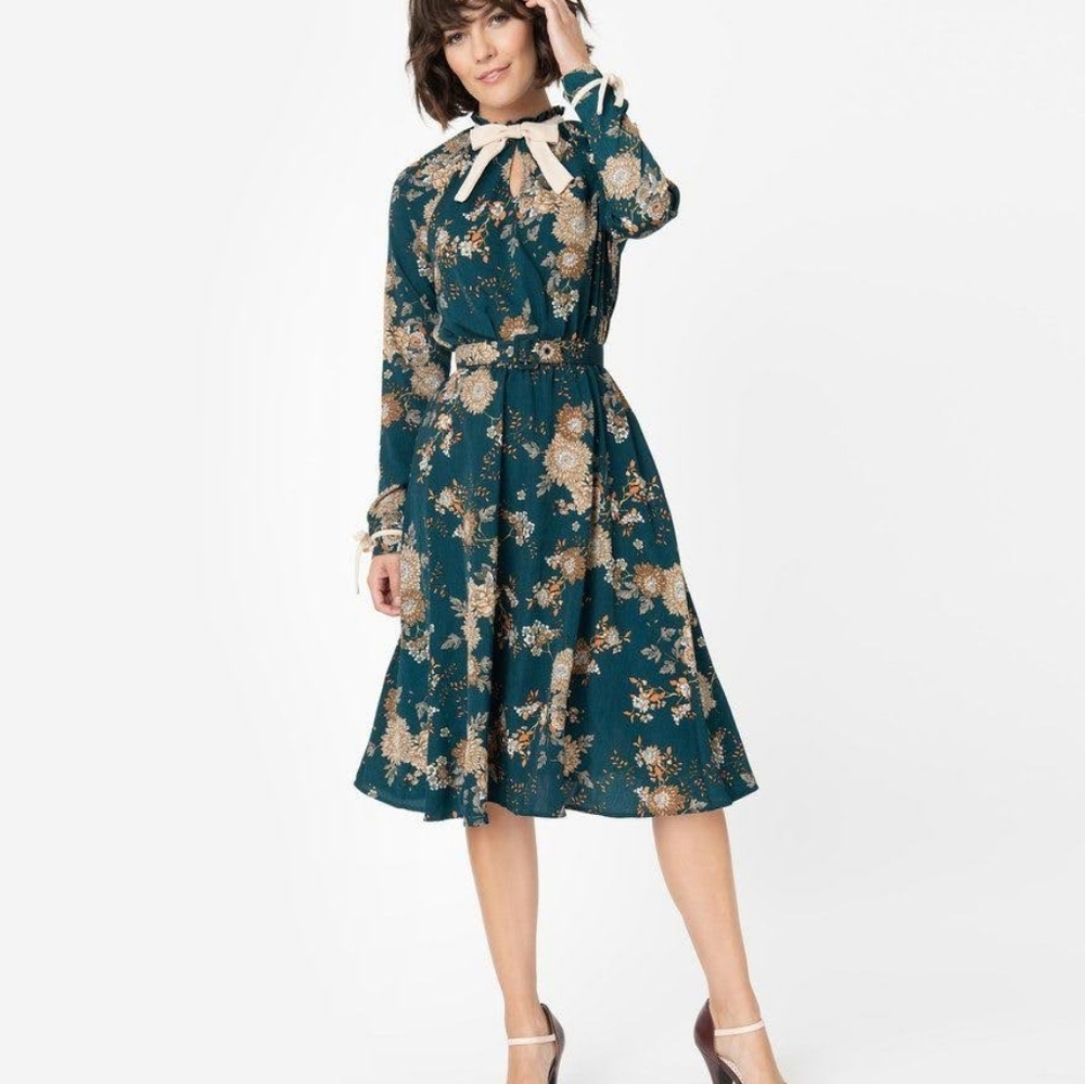 Unique Vintage 1950s Teal & Ivory Floral High Neck